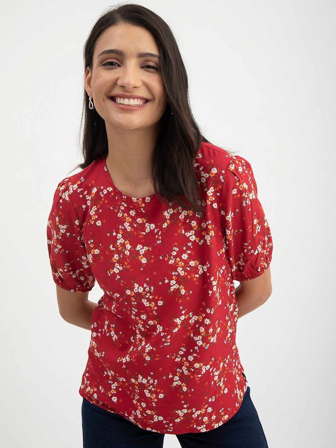 

FableStreet Floral Print Puff Sleeve Top, Red