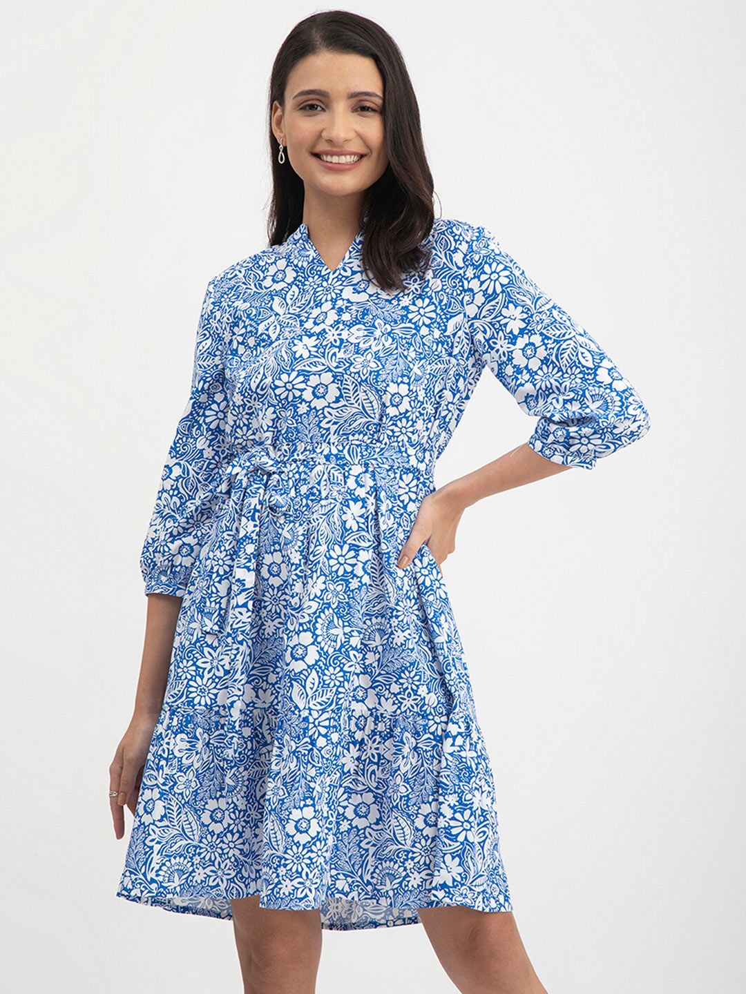 

FableStreet V-Neck Floral Print Shirt Dress, Blue