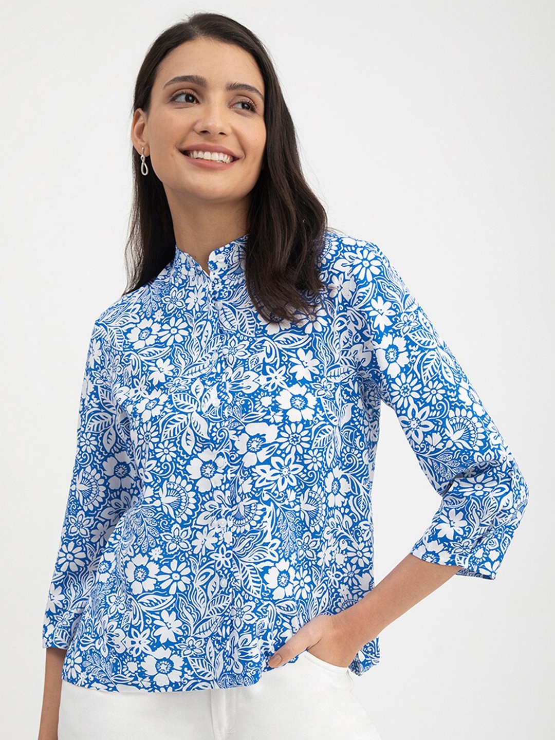 

FableStreet Floral Print Shirt Style Top, Blue