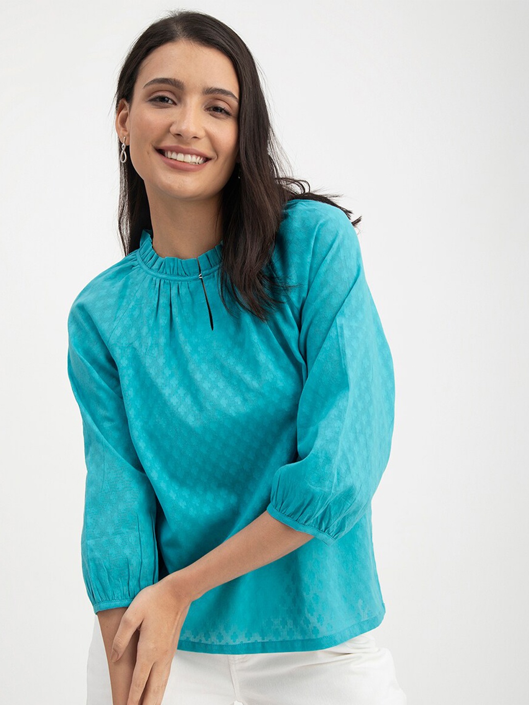 

FableStreet Self Design Round Neck Top, Teal