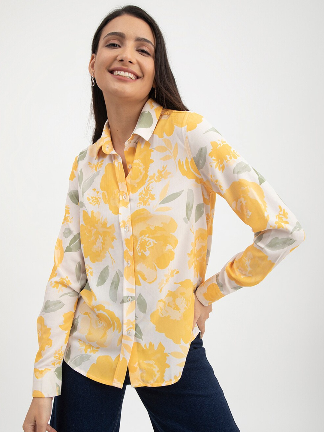 

FableStreet Classic Fit Floral Printed Opaque Casual Shirt, White