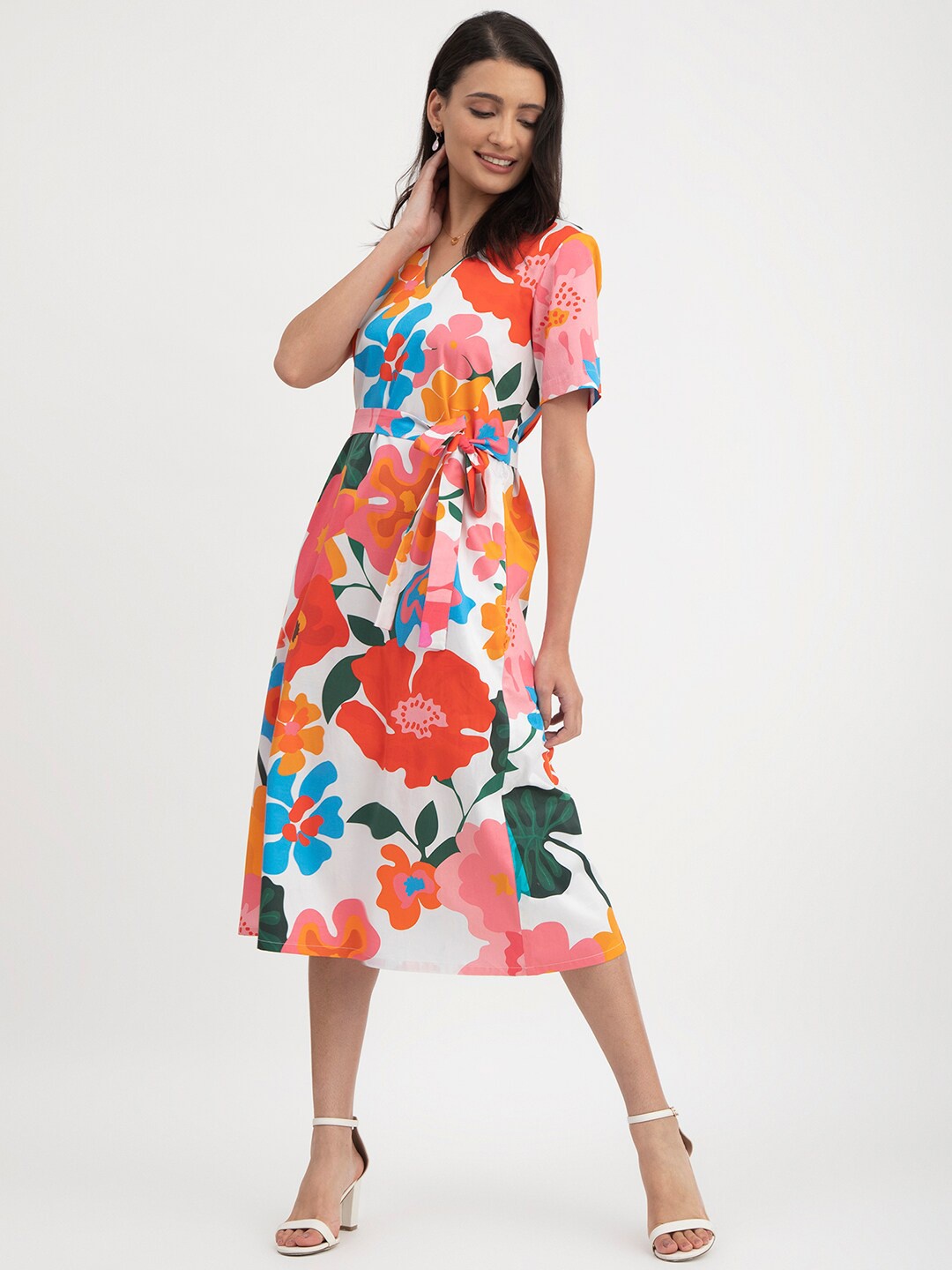 

FableStreet Floral Print Fit & Flare Midi Dress, White