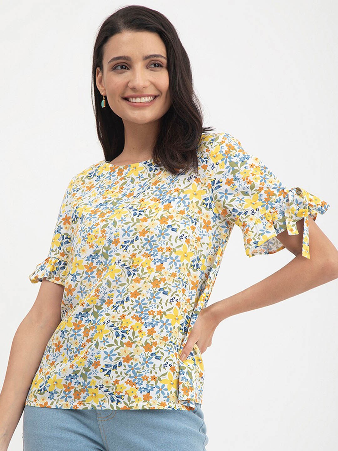 

FableStreet Floral Print Bell Sleeves Top, Yellow