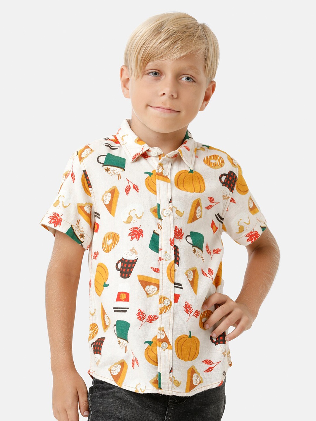 

KATE & OSCAR Boys Smart Conversational Printed Cotton Casual Shirt, White