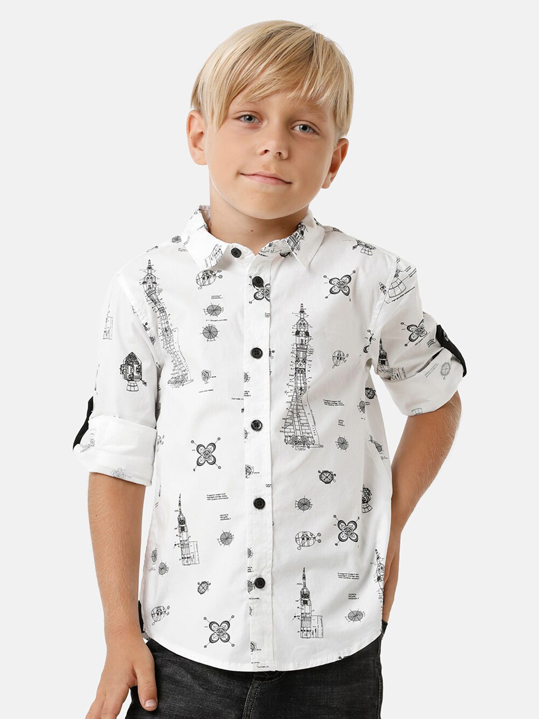 

KATE & OSCAR Boys Smart Abstract Printed Cotton Casual Shirt, White