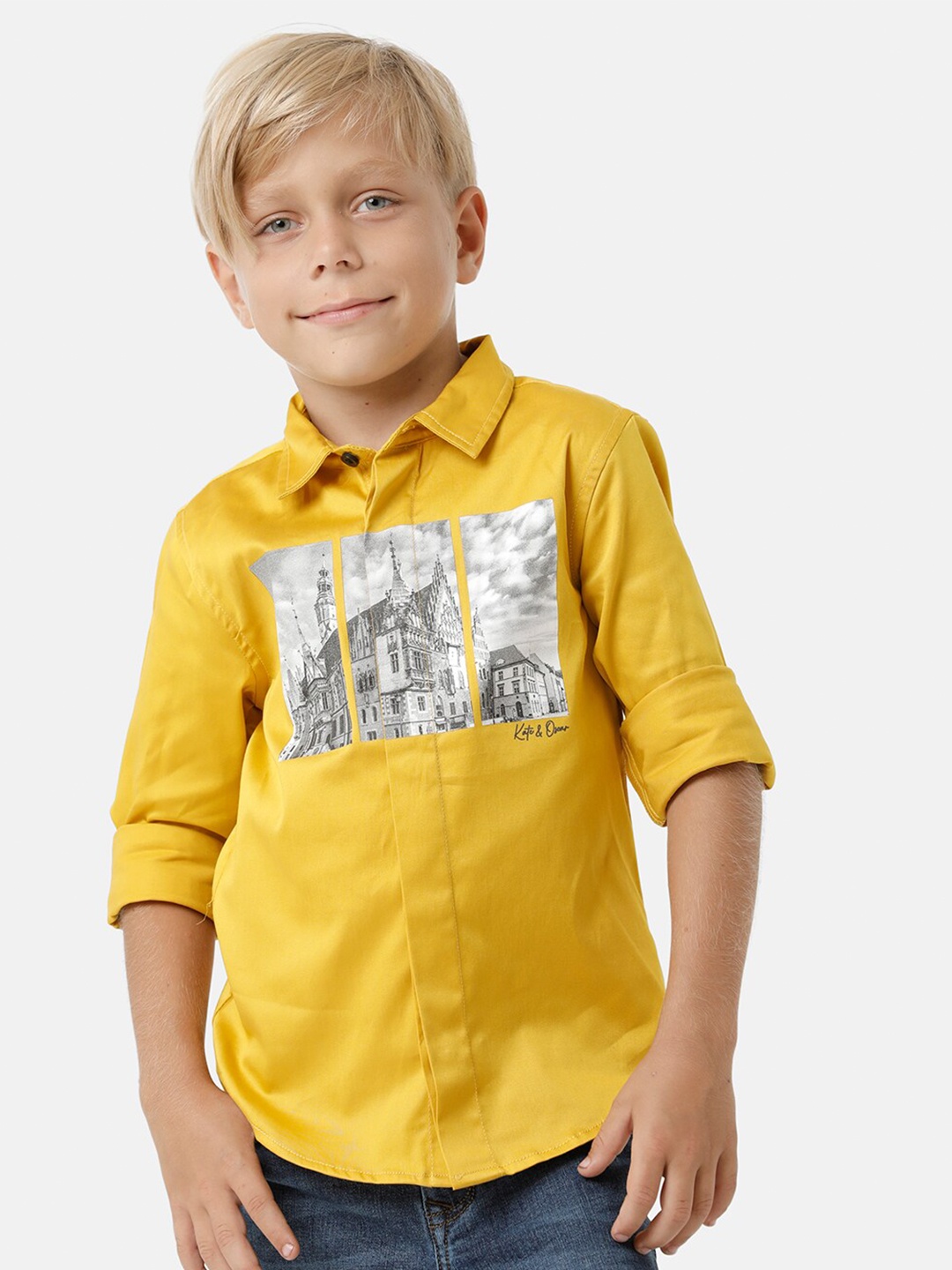 

KATE & OSCAR Boys Smart Graphic Printed Cotton Casual Shirt, Yellow