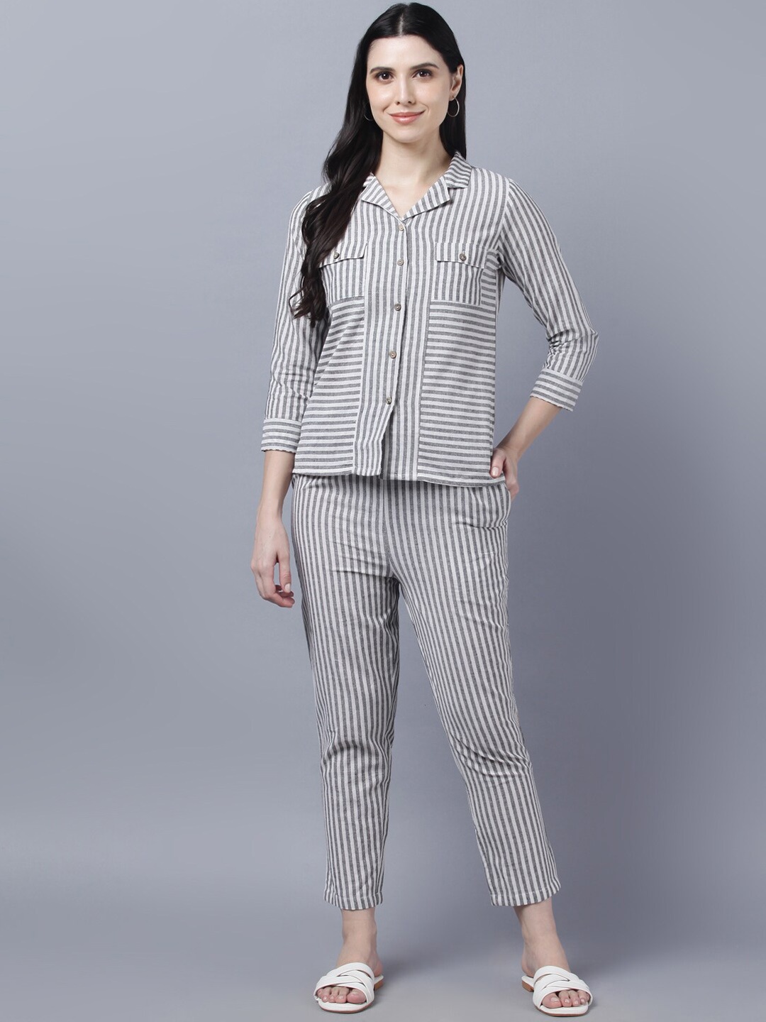 

Myshka Striped Cuban Collar Pure Cotton Shirt With Trousers, Grey