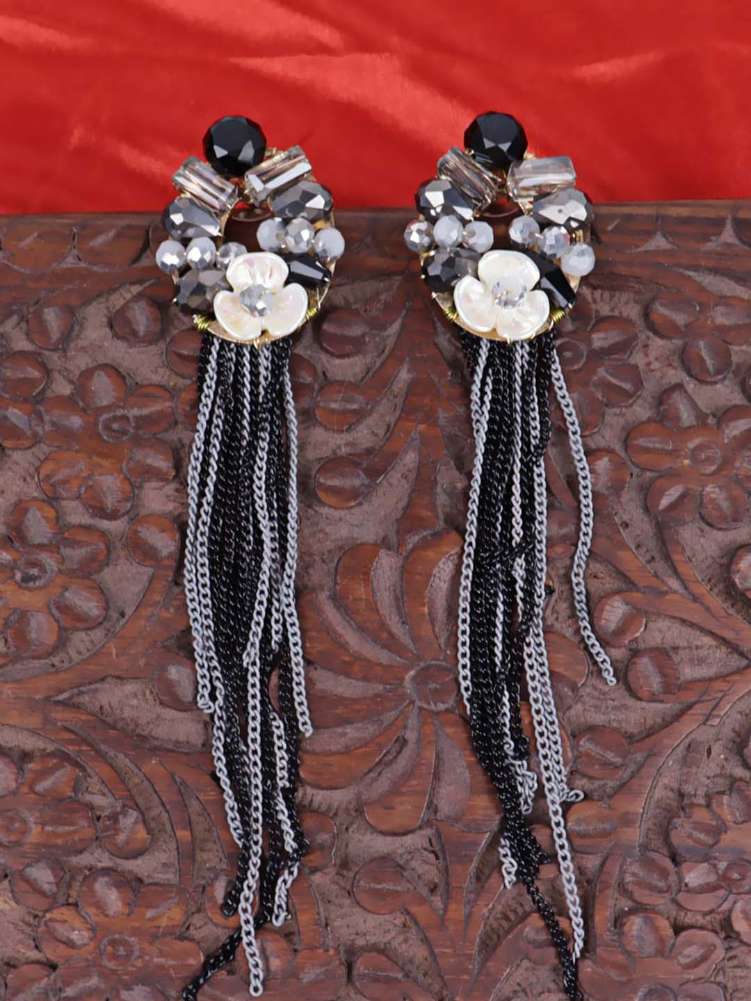 

VAGHBHATT Gold-Plated Crystal Studded Tasselled Drop Earrings
