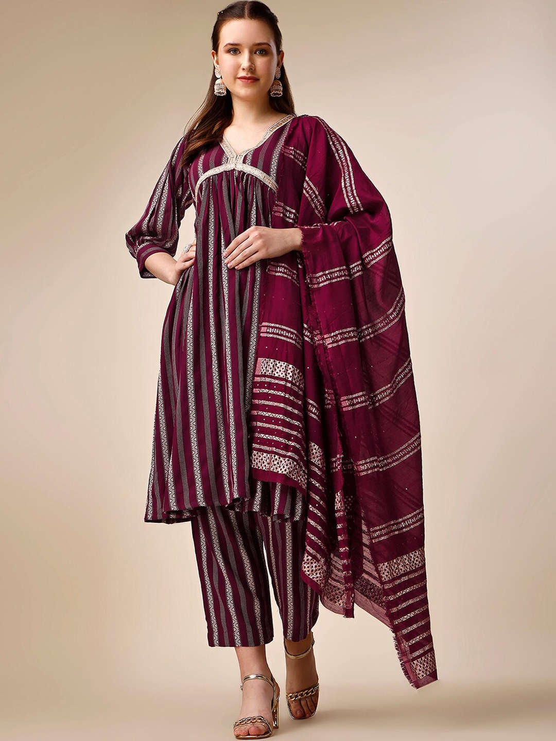 

JATRIQQ Striped Gotta Patti Pleated A-Line Kurta with Trousers & Dupatta, Purple