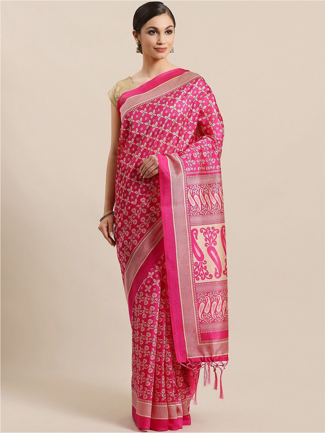 

Ishin Ethnic Motifs Printed Art Silk Bhagalpuri Saree, Pink