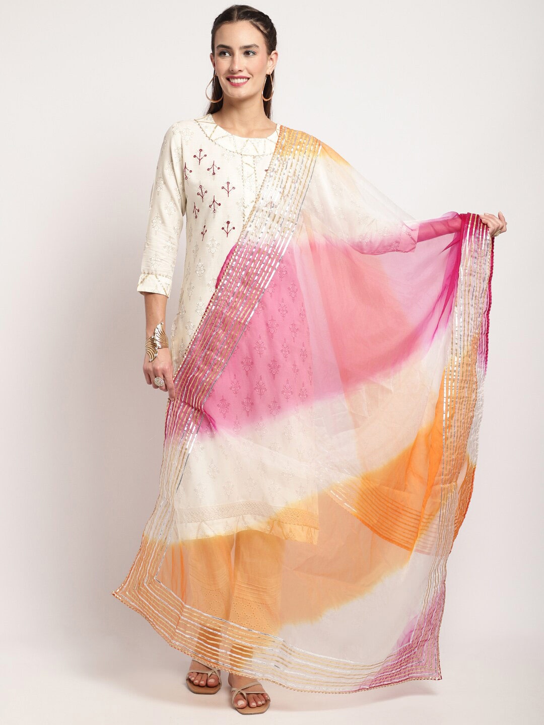 

Miaz Lifestyle Cotton Printed Gotta Patti Leheriya Dupatta, Beige