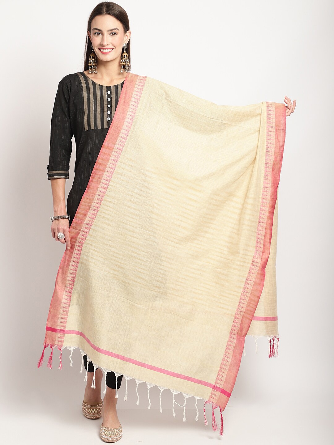 

Miaz Lifestyle Tasselled Cotton Dupatta With Zari, Off white