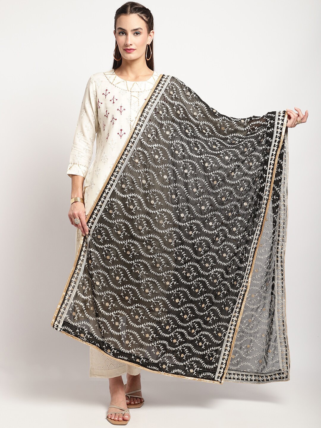 

Miaz Lifestyle Ethnic Motifs Embroidered Chiffon Dupatta With Thread Work, Black