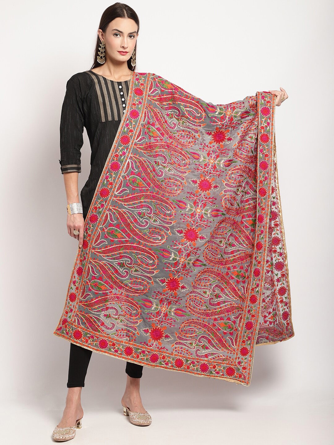 

Miaz Lifestyle Silk Ethnic Motifs Embroidered Bandhani Dupatta, Red