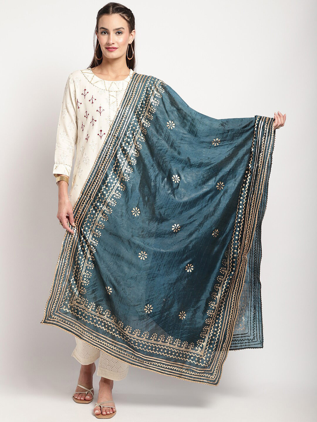 

Miaz Lifestyle Silk Ethnic Motifs Printed Dupatta, Navy blue
