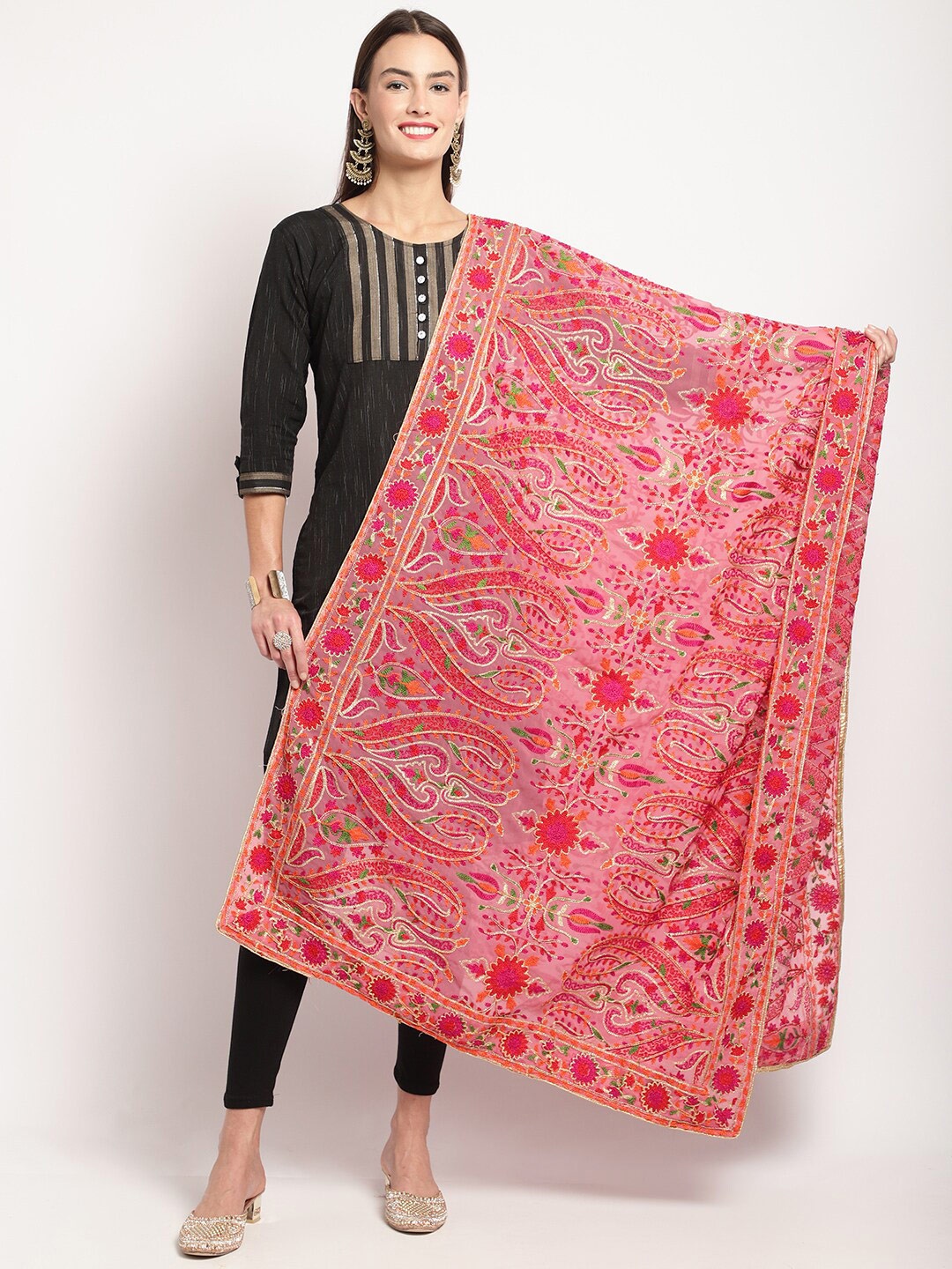

Miaz Lifestyle Silk Ethnic Motifs Embroidered Bandhani Dupatta, Peach
