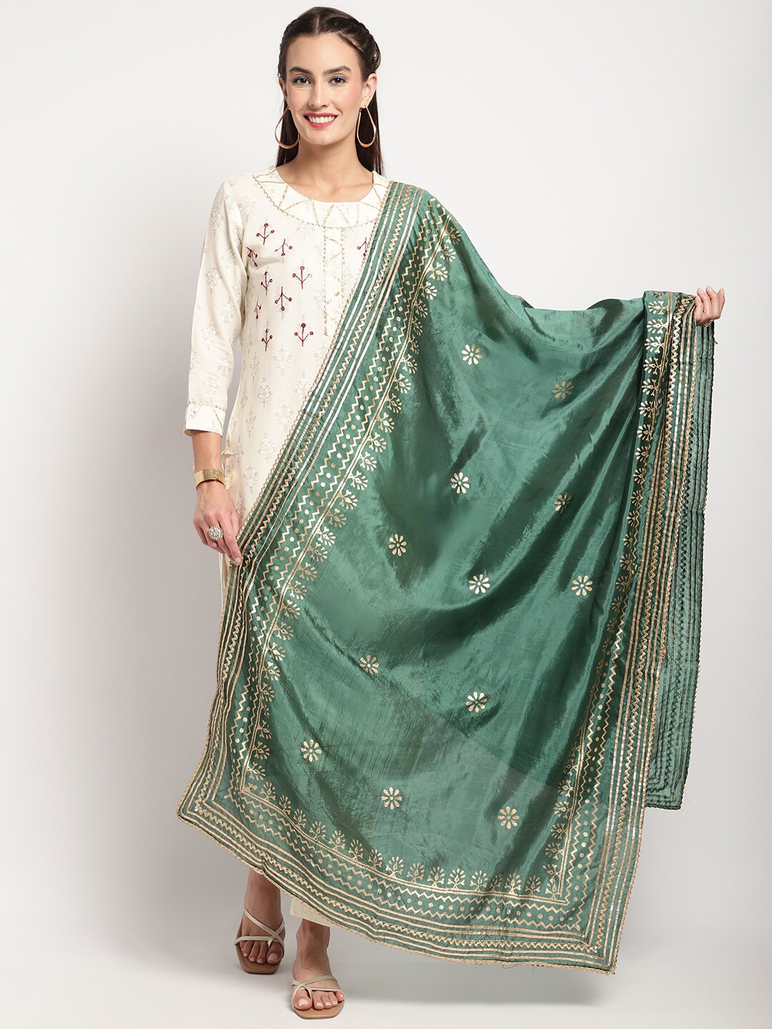 

Miaz Lifestyle Ethnic Motifs Printed Silk Dupatta, Green