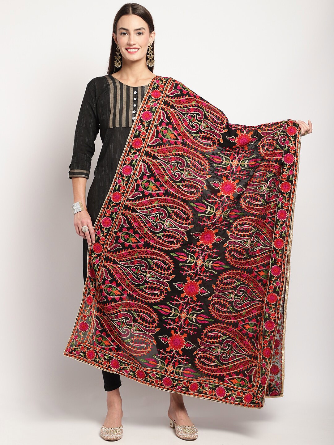 

Miaz Lifestyle Ethnic Motifs Embroidered Silk Dupatta with Thread Work, Black