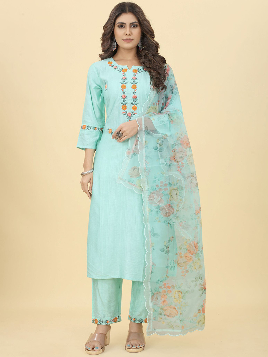 

KALINI Floral Embroidered Kurta with Trousers & Dupatta, Blue