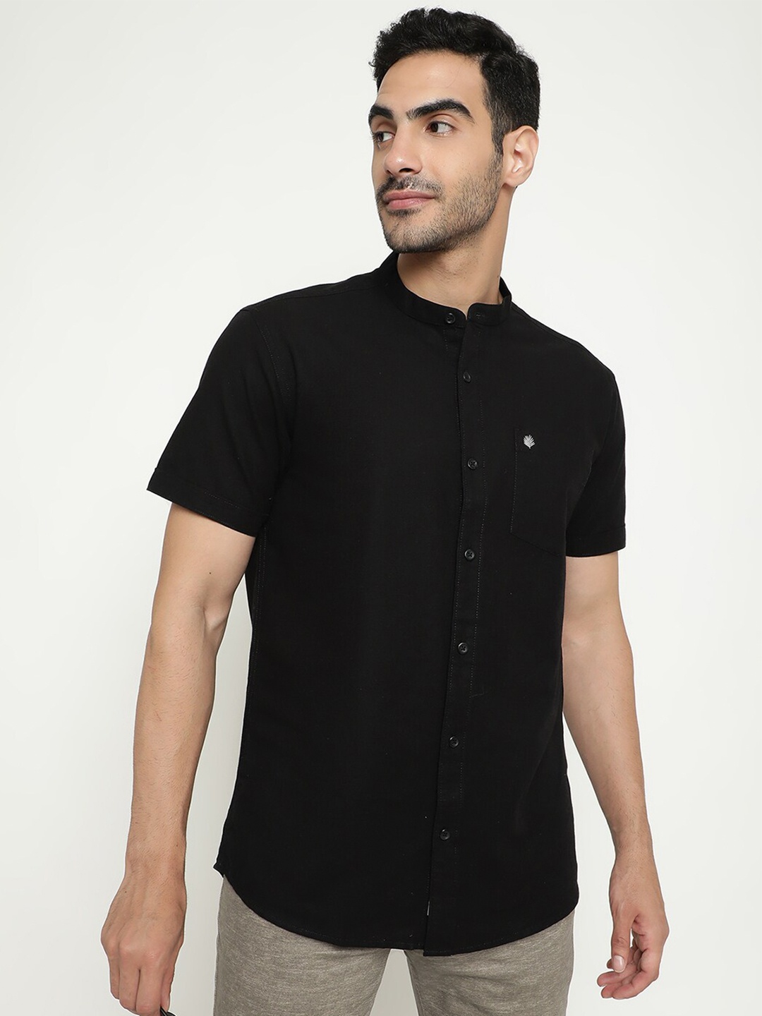 

METTLE Mandarin Collar Short Sleeves Cotton Casual Shirt, Black