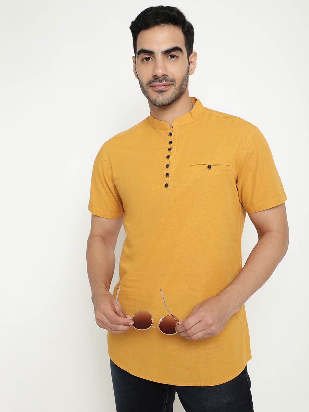 

METTLE Mandarin Collar Short Sleeves Cotton Casual Shirt, Yellow