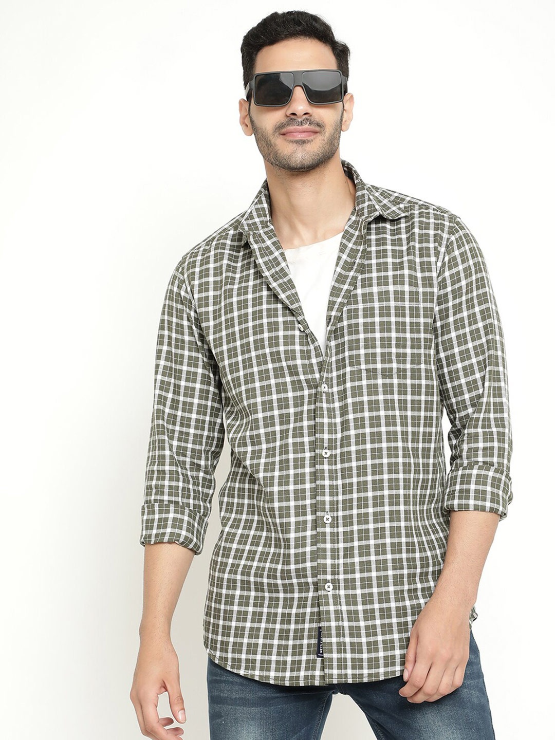

METTLE Gingham Checked Spread Collar Long Sleeves Cotton Casual Shirt, Olive