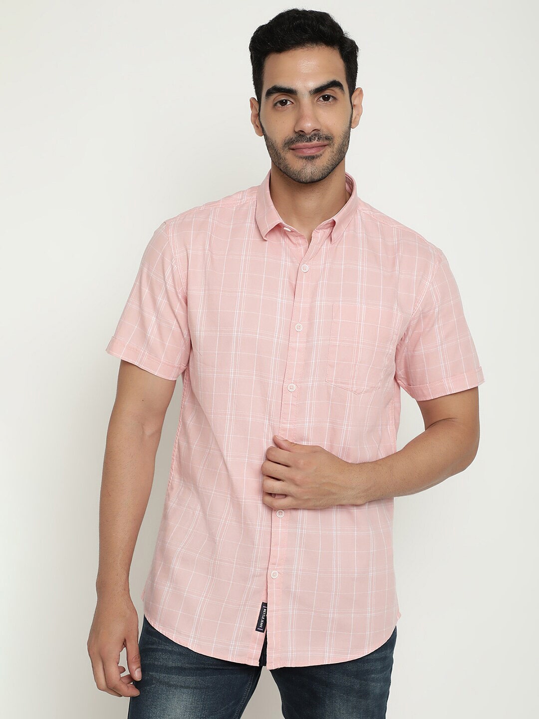 

METTLE Checked Spread Collar Short Sleeves Cotton Casual Shirt, Pink