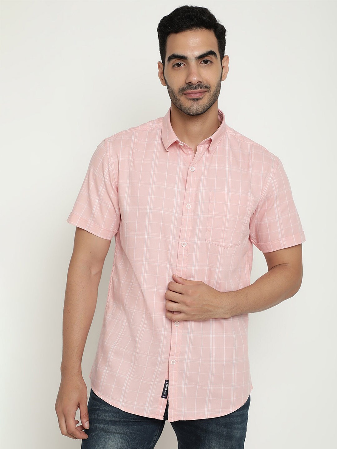

METTLE Checked Spread Collar Short Sleeves Cotton Casual Shirt, Pink