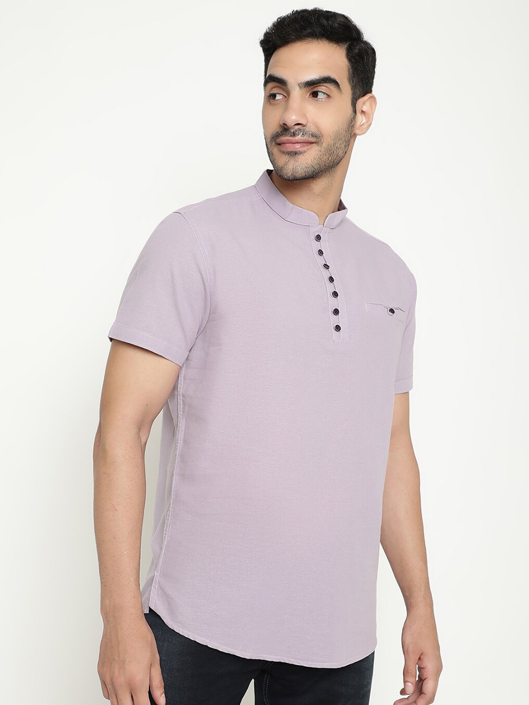 

METTLE Mandarin Collar Short Sleeves Cotton Casual Shirt, Purple