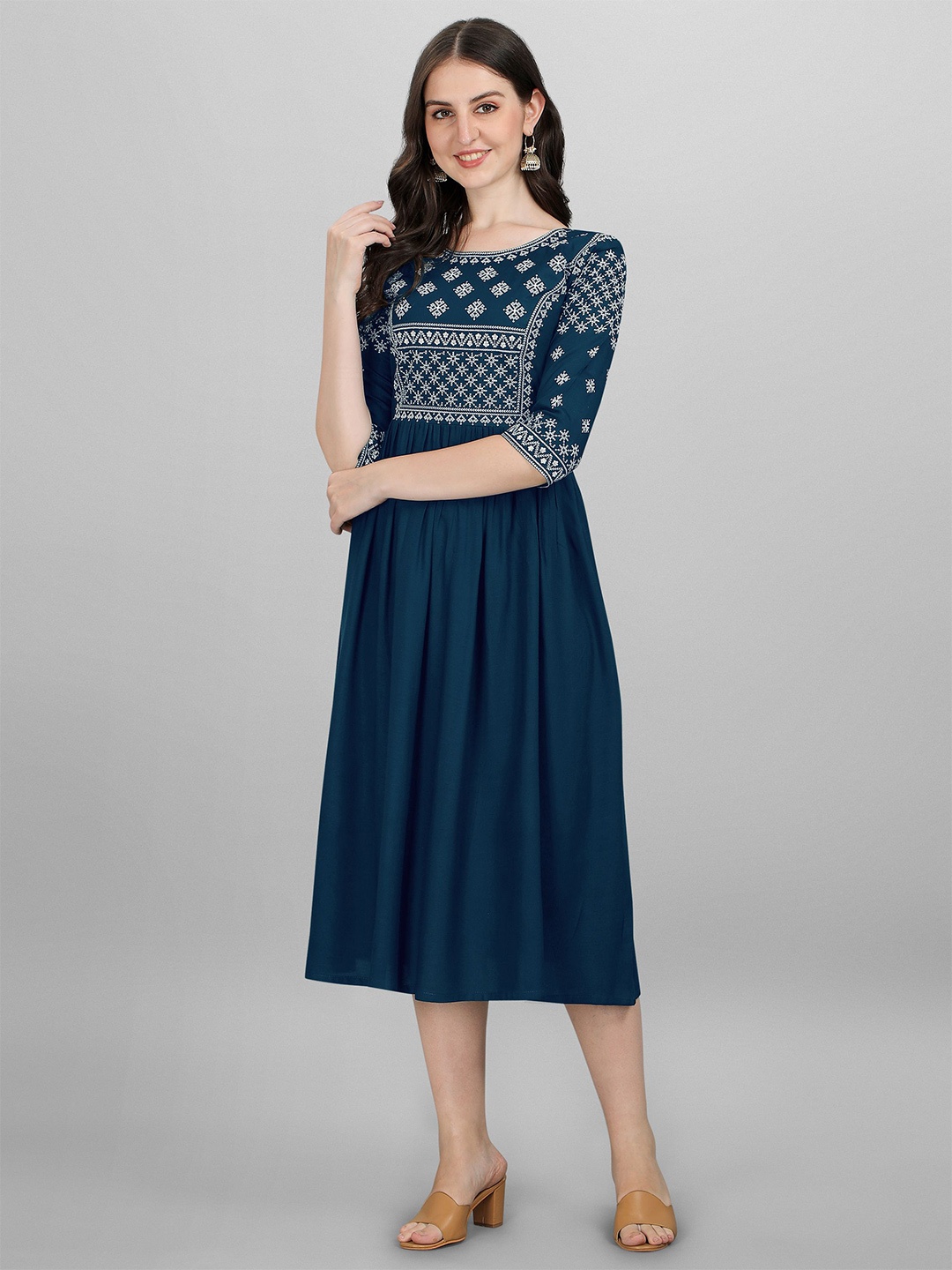 

Shree Ramkrishna Fab Ethnic Motif Embroidered Gathered Fit & Flare Midi Ethnic Dress, Teal