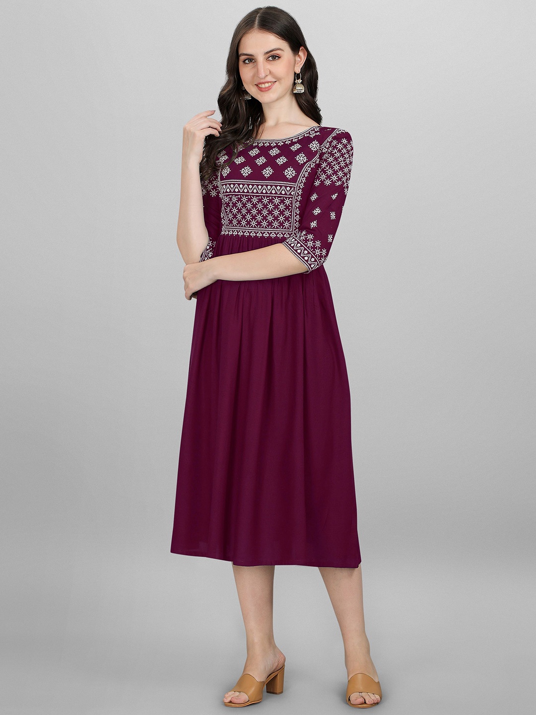 

Shree Ramkrishna Fab Ethnic Motif Embroidered Gathered Fit & Flare Midi Ethnic Dress, Purple