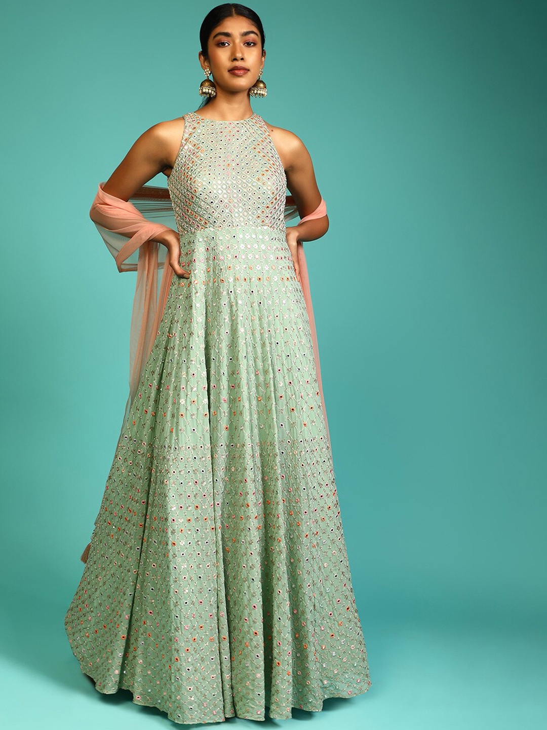 

KALKI Fashion Embroidered Halter Neck A-Line Ethnic Dress, Sea green