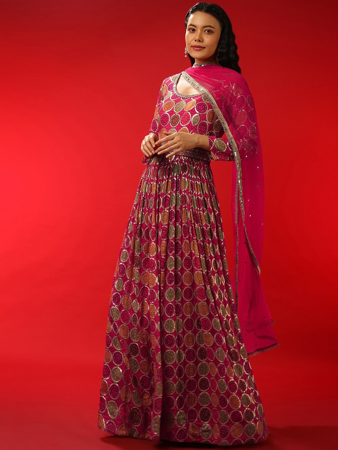 

KALKI Fashion Printed Sequinned A-Line Ethnic Dress, Pink