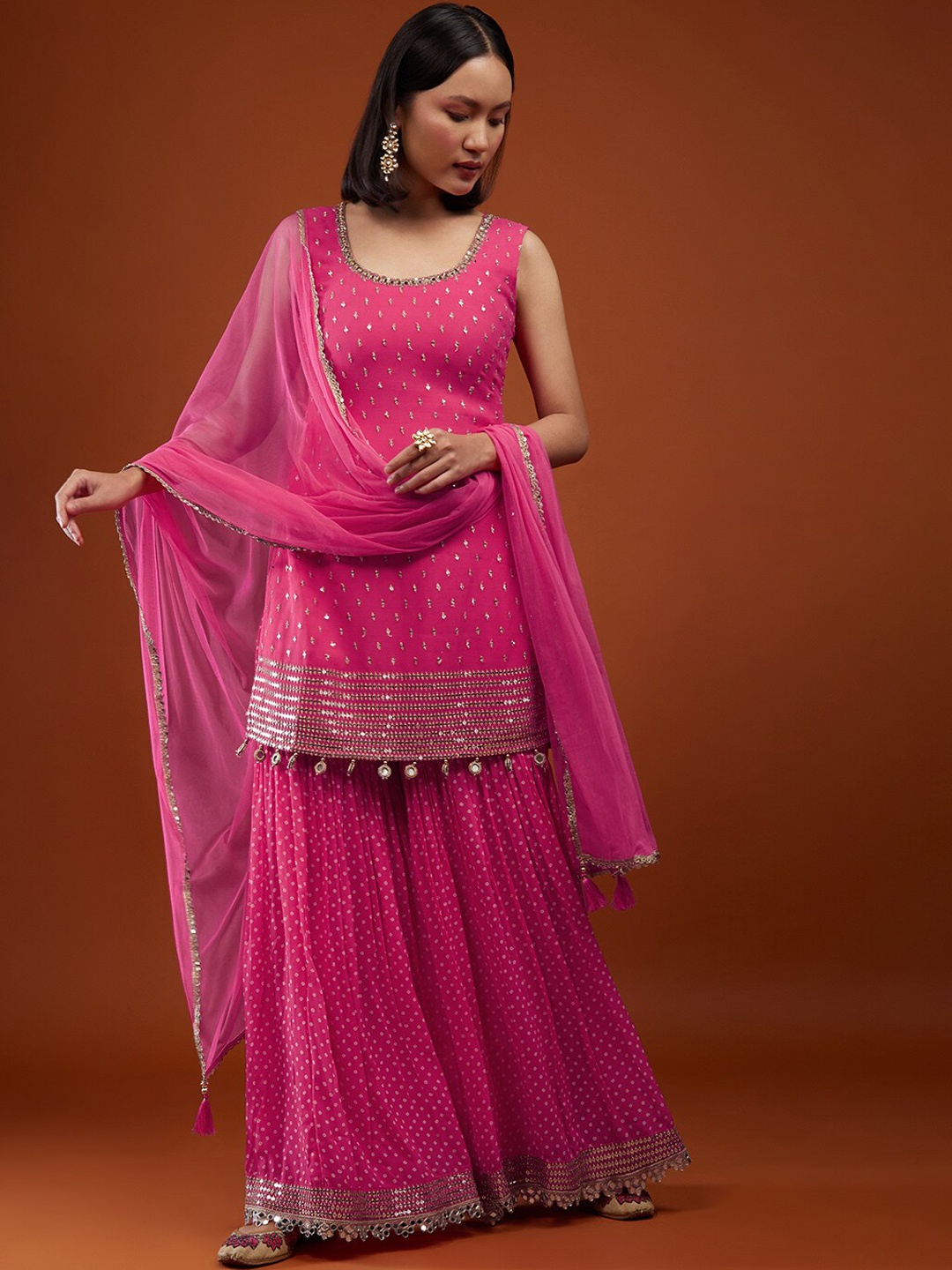 

KALKI Fashion Ethnic Motifs Embroidered Sequined Kurti with Sharara & Dupatta, Pink