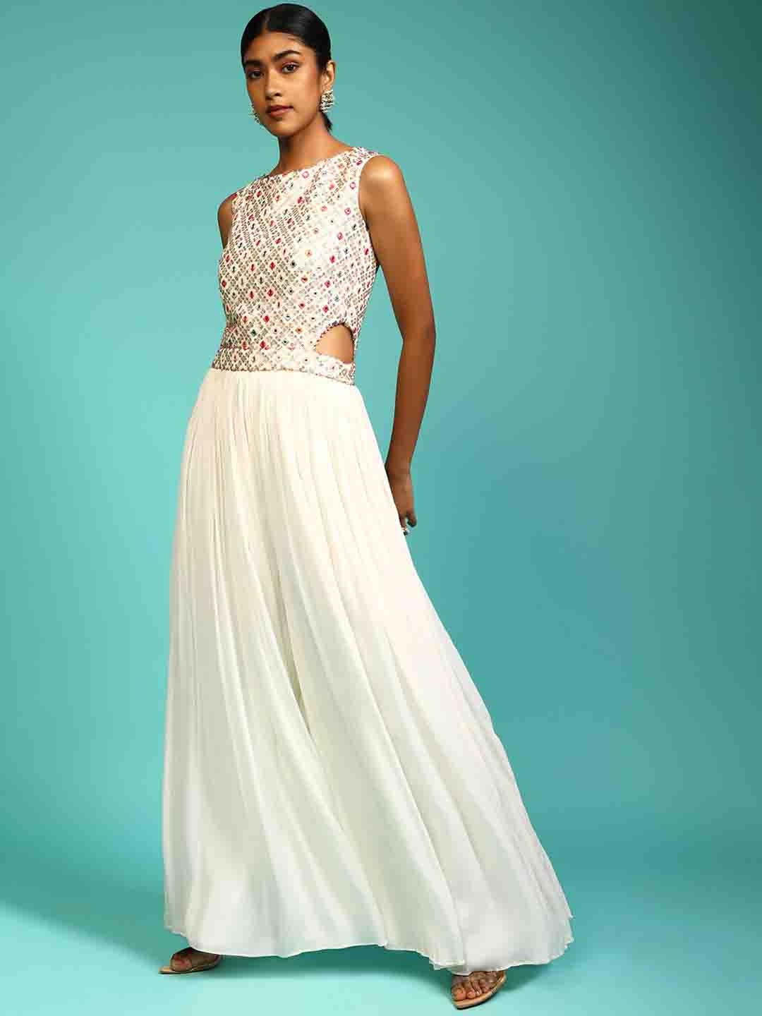 

KALKI Fashion Embroidered Chiffon Gathered Detail Jumpsuit, Off white