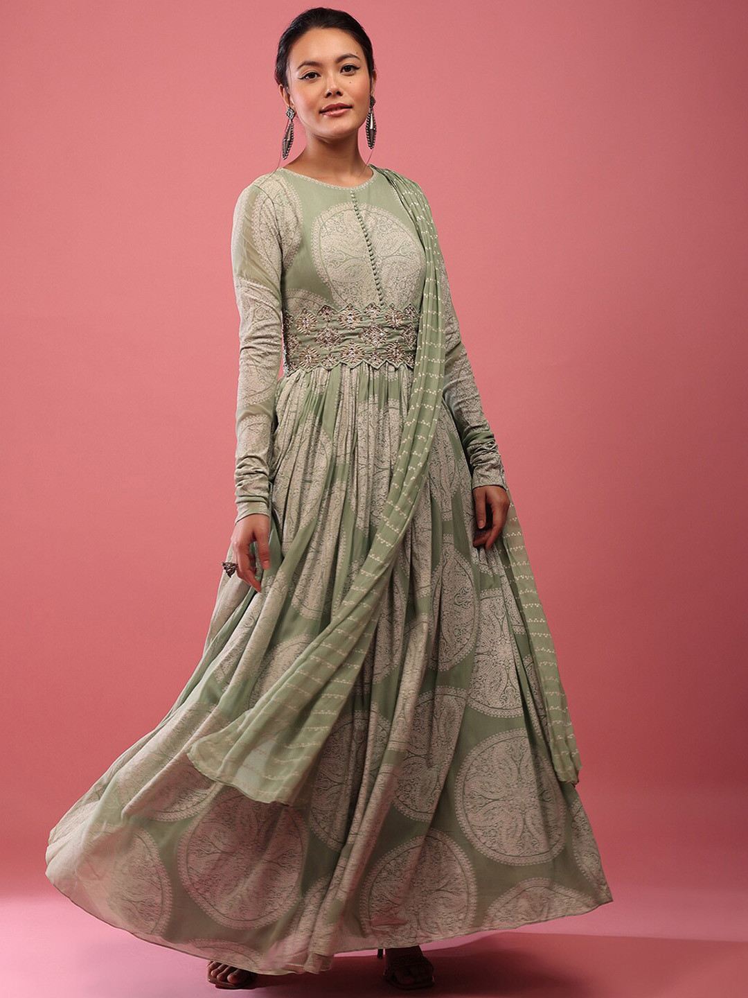 

KALKI Fashion Printed A-line Ethnic Dress With Belt, Green