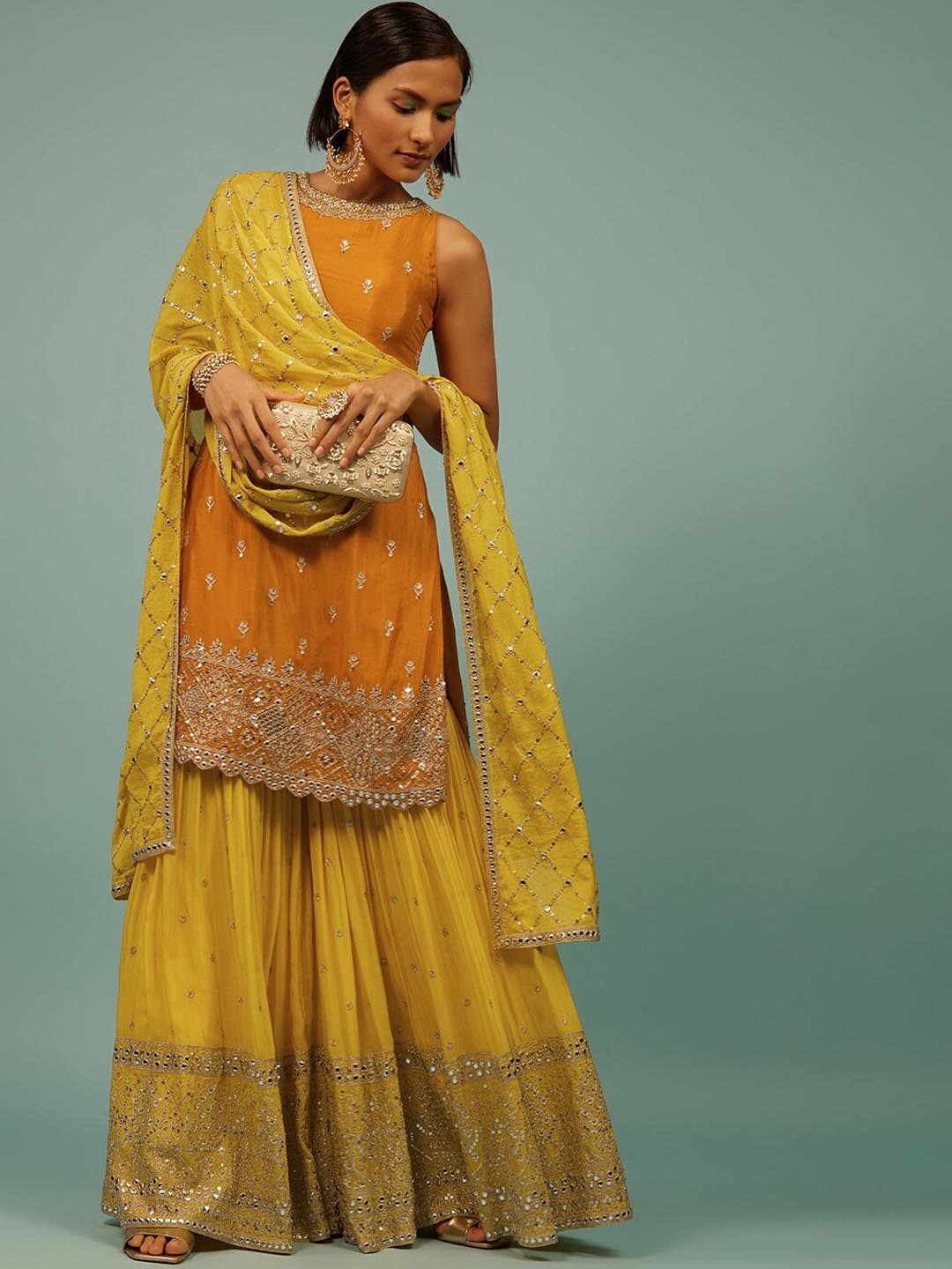 

KALKI Fashion Floral Embroidered Mirror Work Kurta with Sharara & Dupatta, Yellow