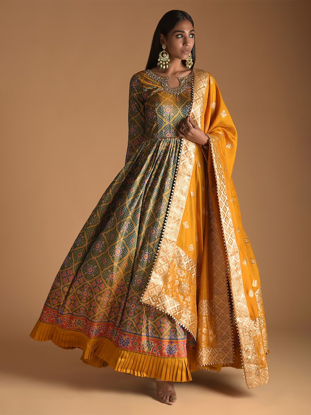 

KALKI Fashion Printed A-line Embroidered Ethnic Dress, Green