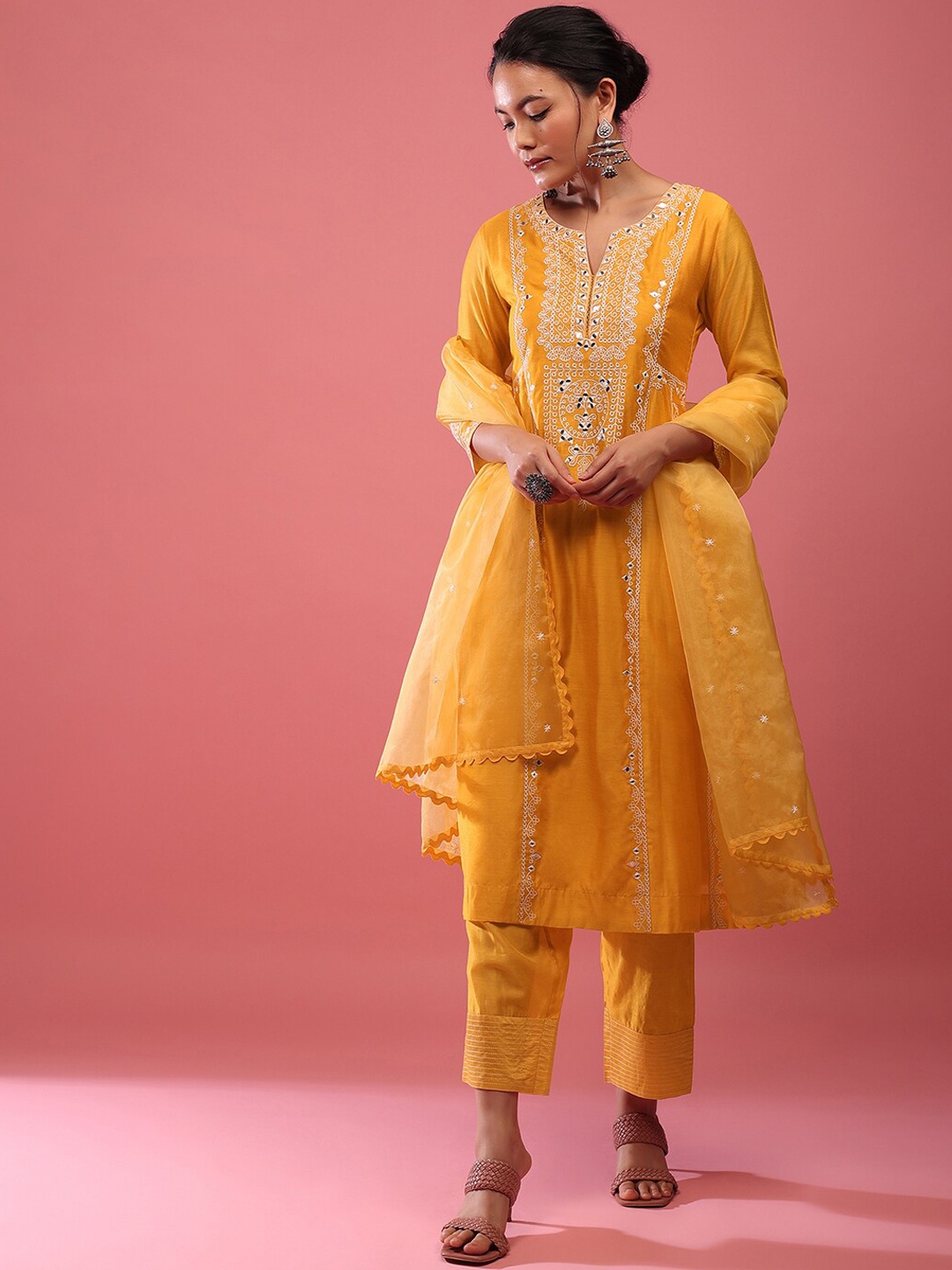 

KALKI Fashion Floral Embroidered Mirror Work Kurta with Trousers & Dupatta, Yellow