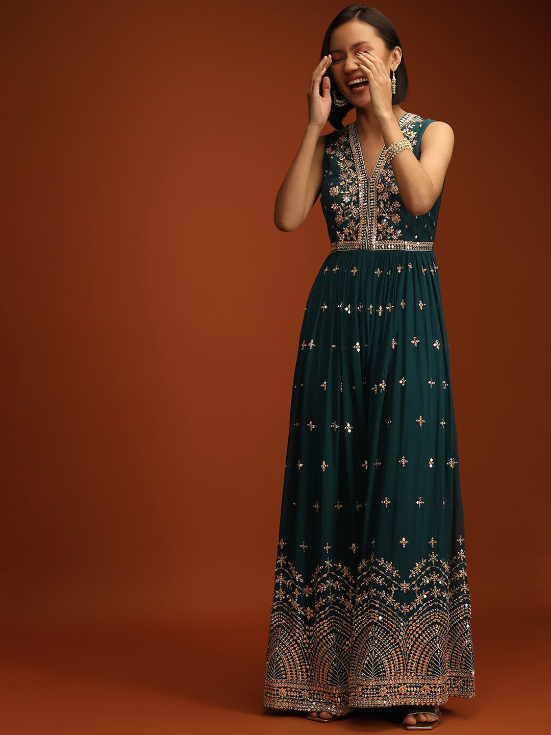 

KALKI Fashion V-Neck Zari And Sequin Georgette Jumpsuit, Teal