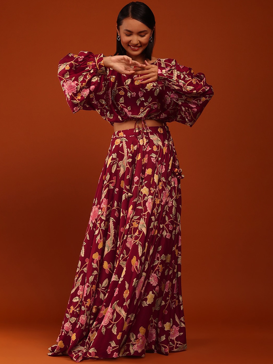 

KALKI Fashion Printed Ready to Wear Lehenga & Crop Top, Red