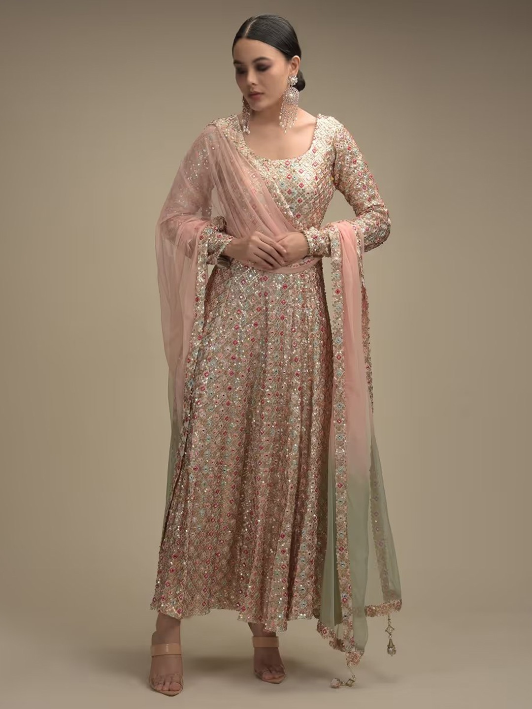 

KALKI Fashion Ethnic Motifs Printed Embellished Detail Ethnic Dress With Dupatta, Peach