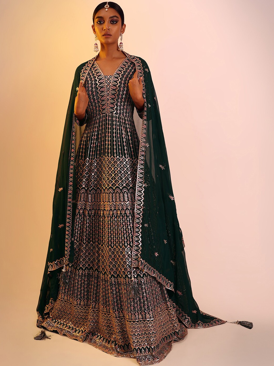 

KALKI Fashion Embroidered V Neck Sequinned A-line Ethnic Dress, Green