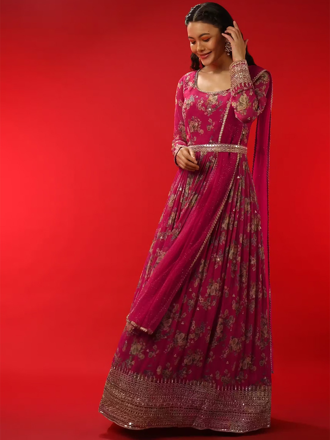 

KALKI Fashion Plus Size Floral Printed Georgette Ethnic Dress With Dupatta, Pink