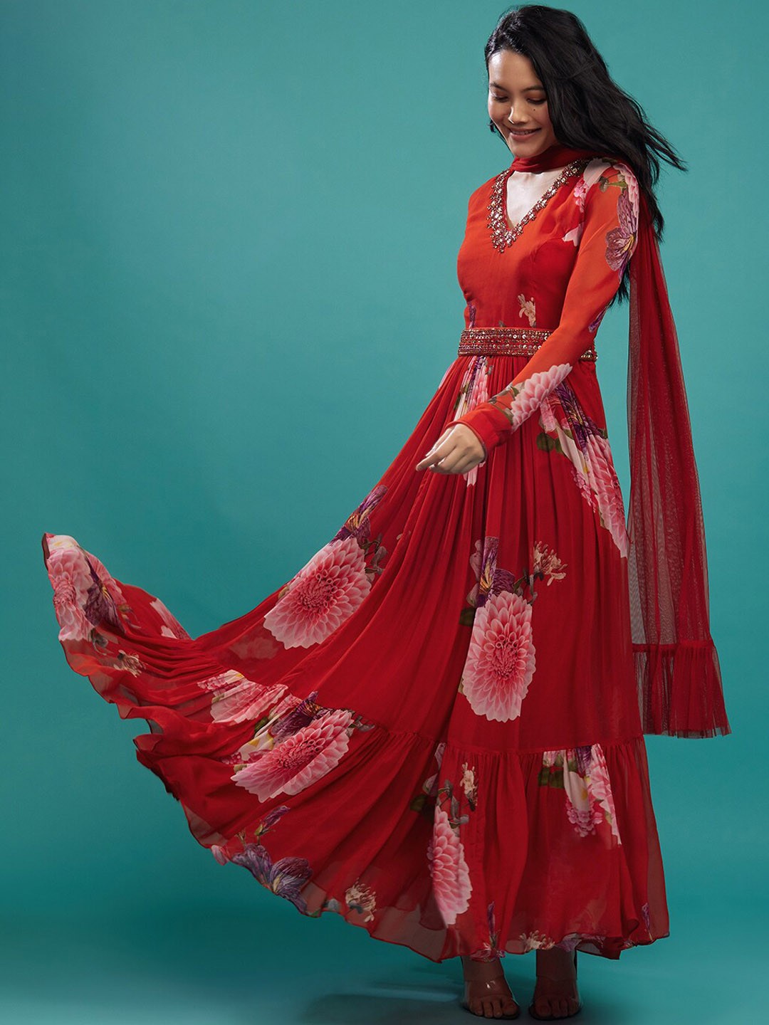 

KALKI Fashion Floral Printed V Neck Embroidered A-Line Ethnic Dress With Belt, Red