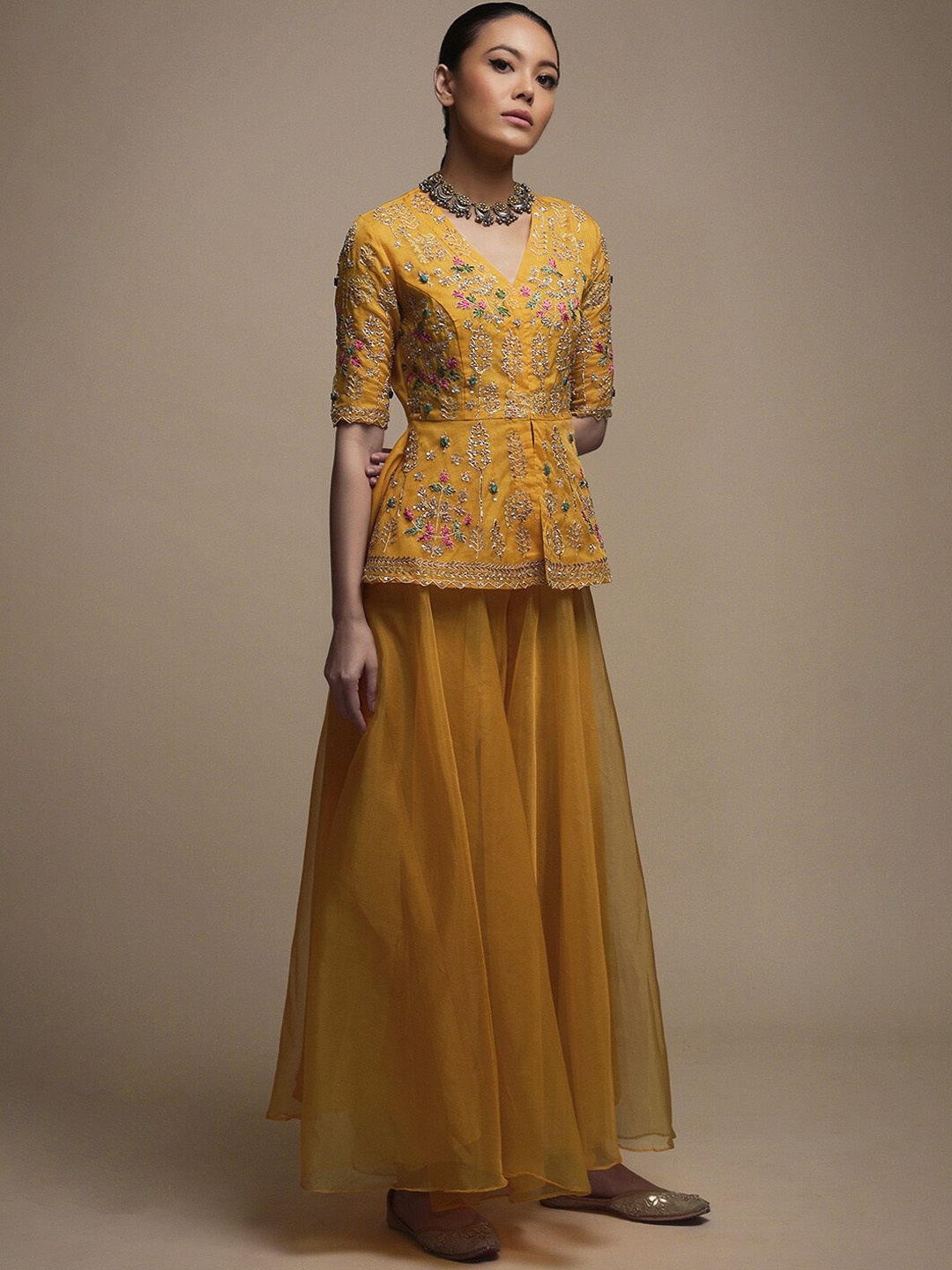

KALKI Fashion Ethnic Motifs Embroidered A-Line Top With Palazzos, Yellow