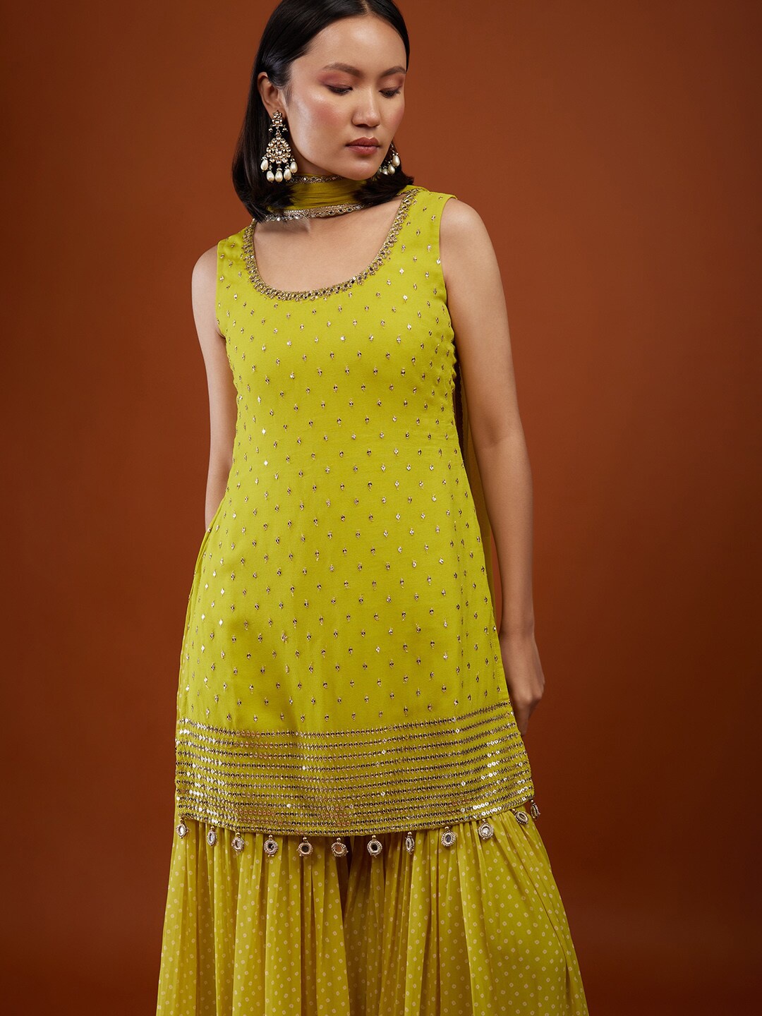 

KALKI Fashion Embellished Mirror Work Georgette Kurti with Sharara & Dupatta, Green