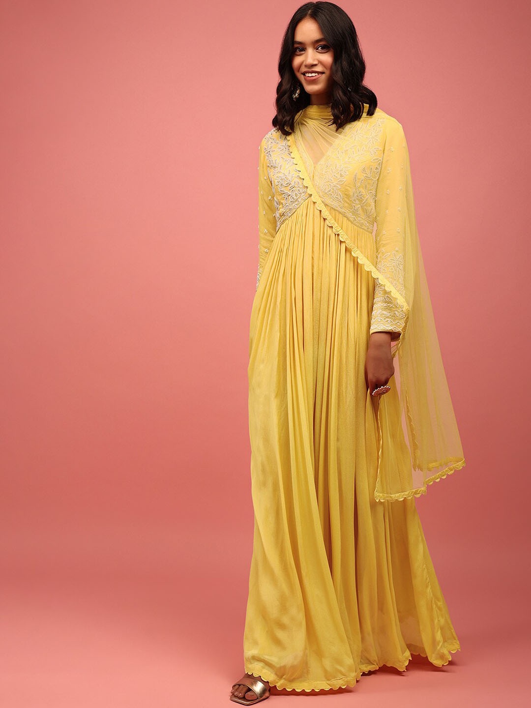 

KALKI Fashion Embroidered V Neck A-Line Ethnic Dress, Yellow