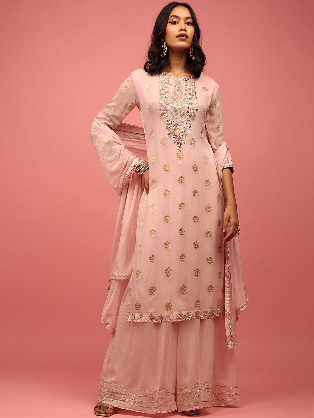 

KALKI Fashion Woven Design Gotta Patti Georgette Kurta with Palazzos & Dupatta, Pink