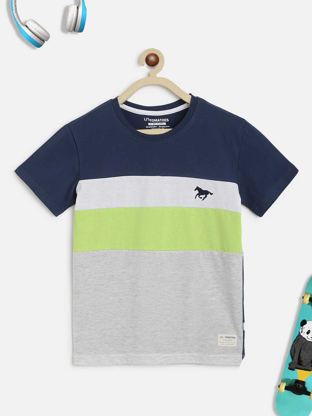 

Lil Tomatoes Boys Colourblocked Round Neck Short Sleeves Cotton T-shirt, Blue
